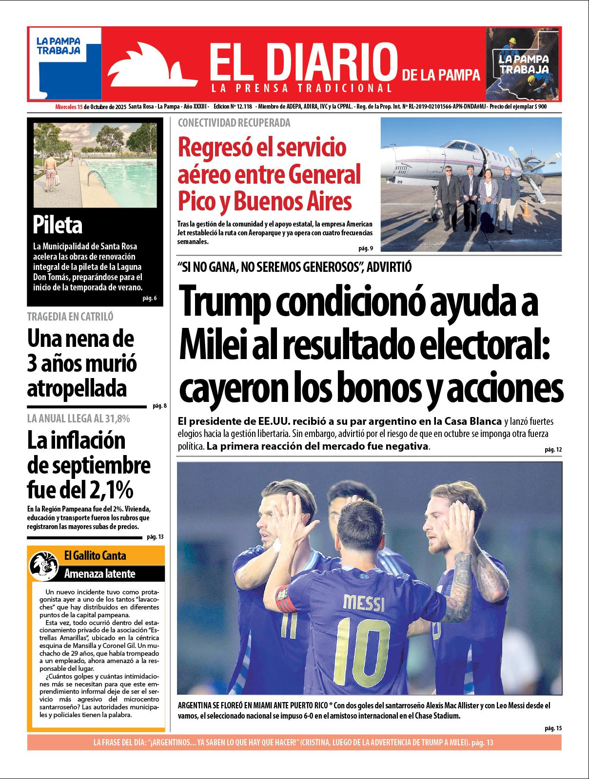 Tapa de El Diario en papel  mieacutercoles 15 de octubre de 2025